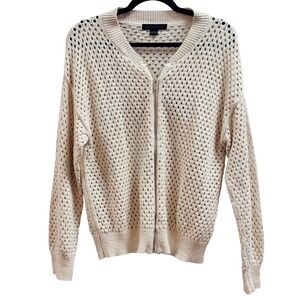 Sanctuary Womens Large Cream Cotton Pointelle Open Knit Zip Up Cardigan Sweater